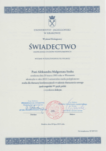 Świadectwo ukończenia studiów podyplomowych tłumaczeń ustnych UJ